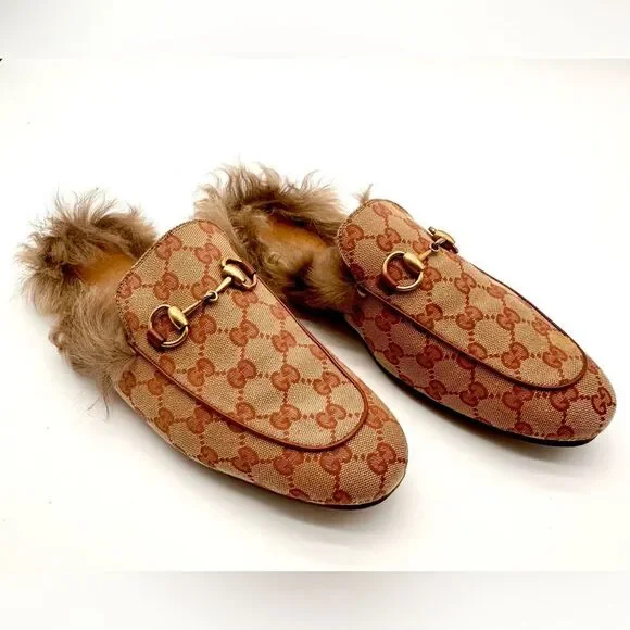 Gucci Princetown Horsebit Brown GG Print Canvas Fur Slippers Loafers US 7 EU 41